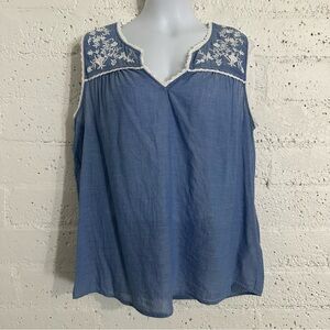 beachlunchlounge Womens Top L Blue Sleeveless Embroidered Shoulder Boho Cotton